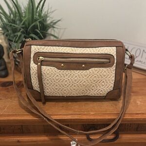 NWT Minicci Brown and Cream Crossbody Bag with Textured Panel